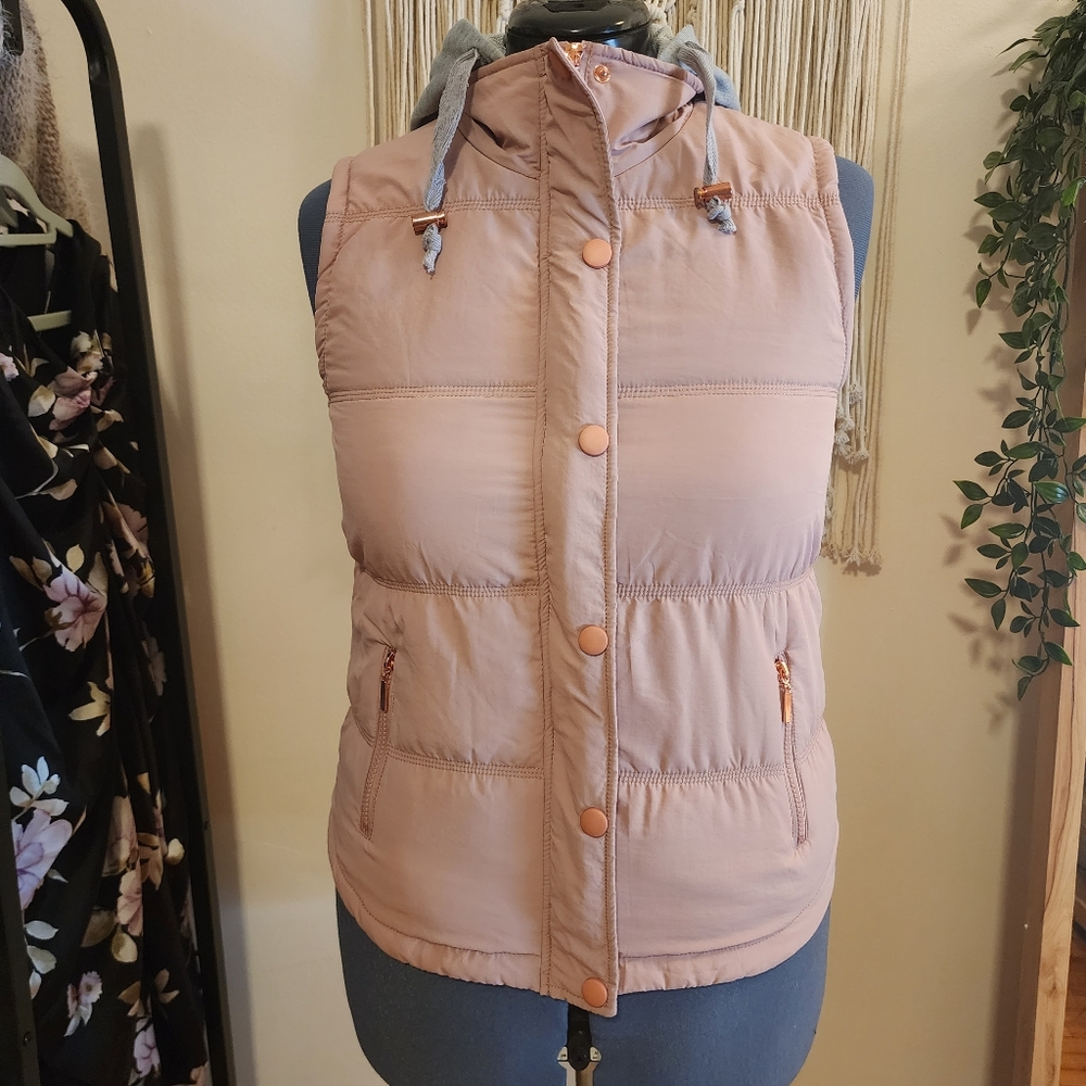 Pink jersey-lined puffer vest with hood, soft and comfy! - M